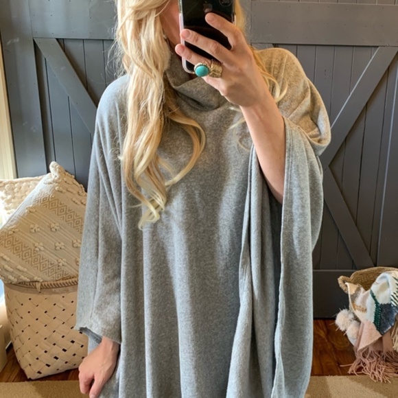 Grey Mock Neck Pullover Poncho Sweater - Picture 2 of 5